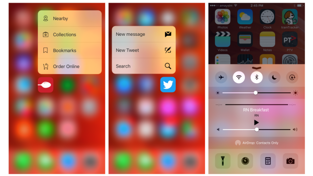 Left, centre: Only a handful of third-party apps have yet to take advantage of 3D Touch for shortcuts. Right: Apple could have added 3D Touch to the slide-up shortcuts menu. From here you can only switch Wi-Fi and Bluetooth on or off; why not add more options?