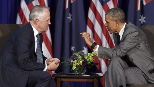 U.S. President Barack Obama, right, talks with Australia's Prime Minister Malcolm Turnbull during their meeting in Manila, Philippines, Tuesday, Nov. 17, 2015, ahead of the start of the Asia-Pacific Economic Cooperation summit. (AP Photo/Susan Walsh)