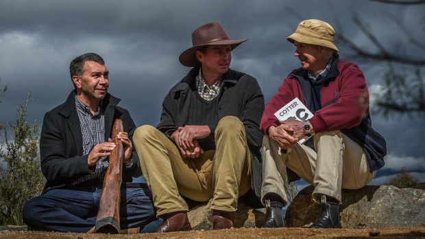 Descendants of the main characters in the novel (from left) the great-great-great-grandson of Onyong, Paul House, and the great-great-grandson of Garrett Cotter, Liam Cotter and author Richard Begbie overlook the Cotter area from Mt Macdonald.