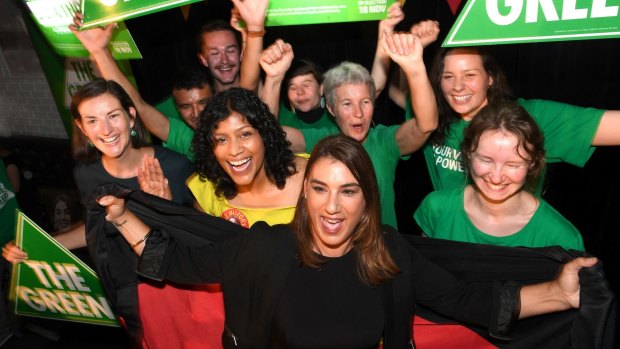Jubilant Greens celebrate Lidia Thorpe (front) and her big win in Northcote.