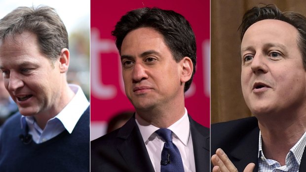 Deputy prime minister and Liberal Democrats leader Nick Clegg, left,  Labour leader Ed Miliband, centre, and British prime minister David Cameron.