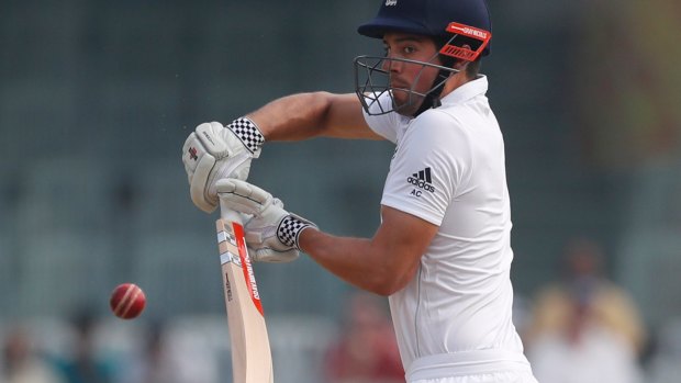 England's captain Alastair Cook plays a shot during their fifth day of the fifth cricket test match against India in Chennai, India, Tuesday, Dec. 20, 2016. (AP Photo/Tsering Topgyal)