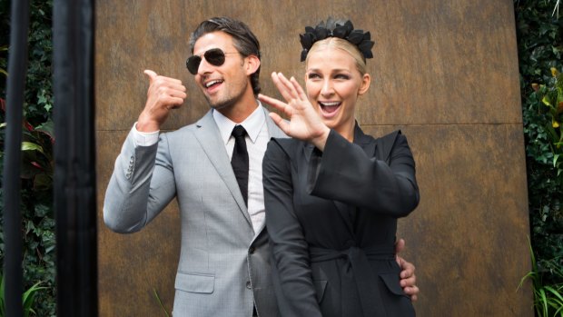 Anna Heinrich makes a splash with Tim Robards at Derby Day Fashions on the Field at Flemington Racecourse.