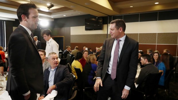 Senator Matt Canavan and Lyle Shelton, managing director of the Australian Christian Lobby, during the speech 'Same-Sex Marriage - The No Case', at the National Press Club of Australia in Canberra on Wednesday.
