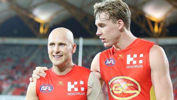 All smiles: Gary Ablett and Tom Lynch after the win.