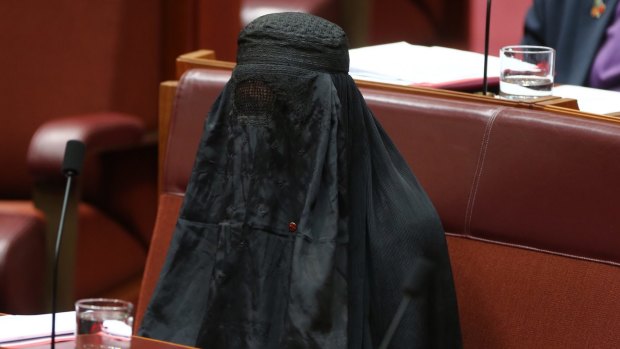 Senator Pauline Hanson wears a burqa in Parliament House.