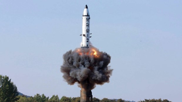 A solid-fuel Pukguksong-2 missile lifts off during its launch test at an undisclosed location in North Korea on May 22.