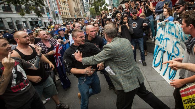 Fights broke out between Reclaim Australia members and Rally against Racism protesters in Melbourne in April.