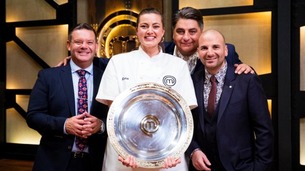 This year's <i>MasterChef</i>, Elena Duggan, with judges (from left) Gary Mehigan, Matt Preston and George Calombaris.