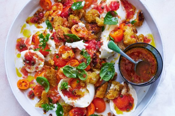 Fresh mozzarella salad with tomato dressing.