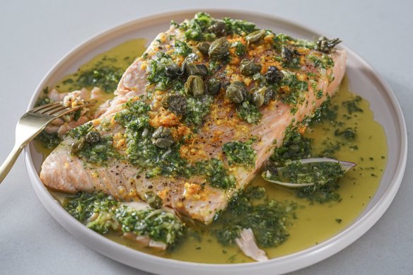 Roast salmon with lemony salsa verde and crispy capers.