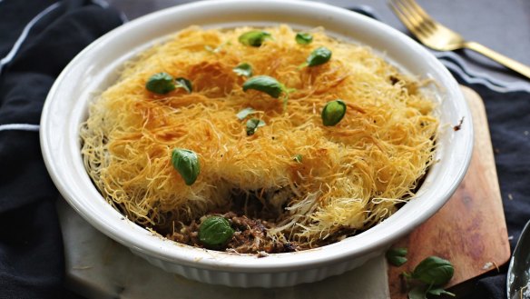 Family-size Greek lamb and feta pie with crispy kataifi pastry.