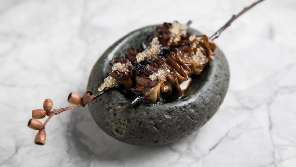 Mushrooms with finger lime and macadamia cream at Paperbark in Sydney.