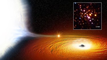 An artist's impression of white dwarf star X9 (left) in orbit around a black hole.