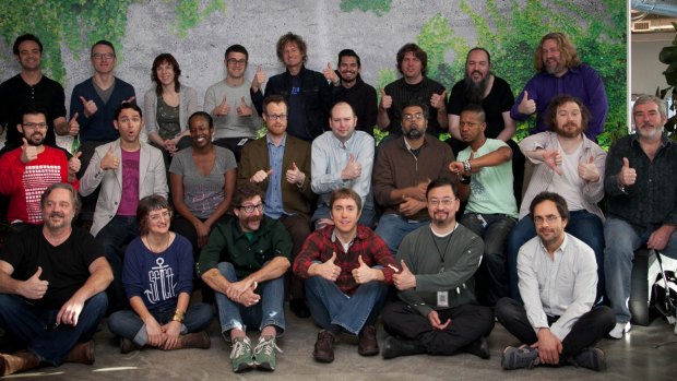 Listen up: Some of the music analysts at Pandora. Scott Pinkmountain is seated front, third from left.