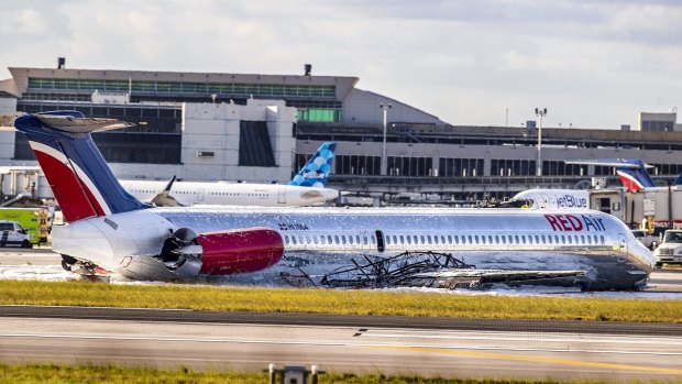 The Red Air plane caught fire after the front landing gear collapsed upon landing at Miami International Airport last week.