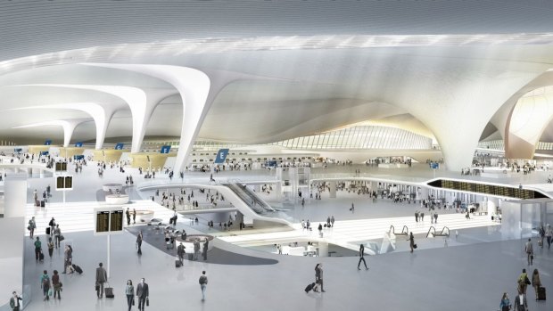 The new terminal will feature six wings with flowing rooflines and column-free spaces.