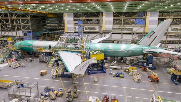 The first 777X under construction at Boeing in Everett.