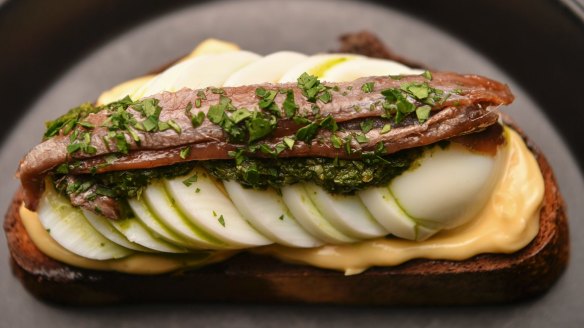 The classic anchovy on toast has now morphed into a panino at Napier Quarter cafe and wine bar in Fitzroy.