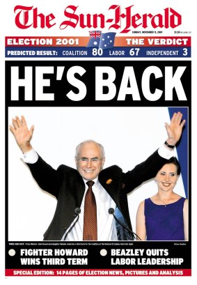The cover of the Sun Herald after John Howard's 2001 victory.