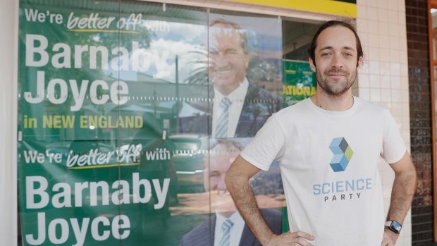 Science party candidate for New England, Meow-Ludo Disco Gamma Meow-Meow, poses outside Barnaby Joyce's campaign office in Tamworth during the New England byelection.