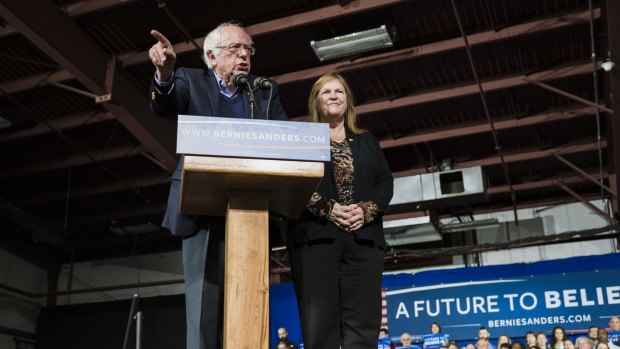 Democratic presidential candidate Senator Bernie Sanders with wife Jane Sanders during a Super Tuesday rally in Essex Junction, Vermont. Sanders raised $US42 million in February.