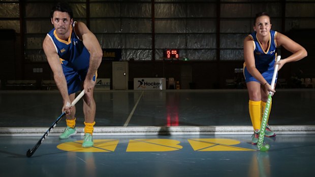 ACT men's captain Matt Hotchkis and ACT women's captain Shelley Watson ready for the National Indoor Hockey Championships in Lyneham.