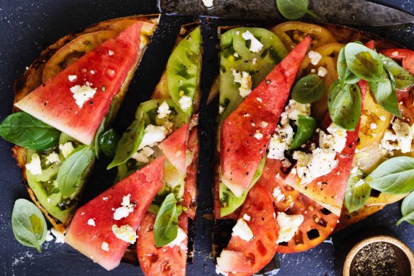 Summer snack: Watermelon and tomato bruschetta.