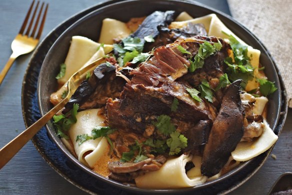 Slow-cooked beef stroganoff with thick strips of pasta.