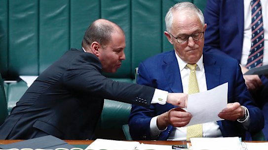 Minister for Environment and Energy Josh Frydenberg and Prime Minister Malcolm Turnbull during Question Time at Parliament House, in Canberra on Monday 16 October 2017. fedpol Photo: Alex Ellinghausen