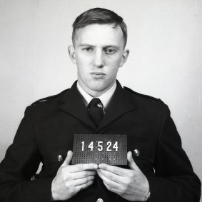 Keith Marshall, 19, graduates as a Victoria Police officer in the early 1960s, after joining as a cadet in training at 16. He would go on to serve 39 years with the force.