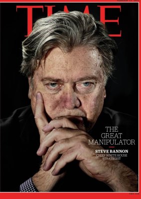 Bannon on the coveted front page of Time magazine, alongside the headline 'The Great Manipulator'.