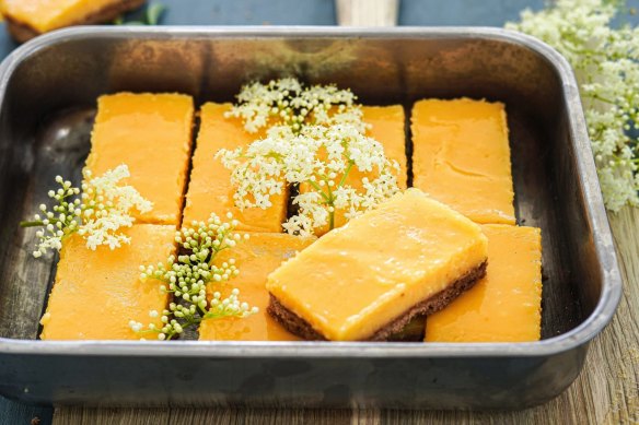 Lemon and elderflower slice decorated with fresh elderflowers (from Katrina Meynink's neighbour's tree).