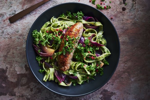 Sticky braised pork sausages with herb pappardelle.