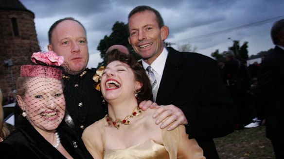 Bronwyn Bishop (left) at the wedding of Sophie and Gregory Mirabella, with Tony Abbott. 
