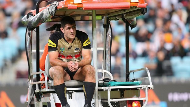 Up against it: Sam McKendry, seen here being carted from the field in the 2016 season, was badly hurt again on Saturday night.