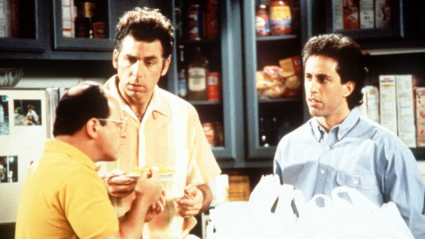 From left, Jason Alexander, Michael Richards and Jerry Seinfeld in a scene from <i>Seinfeld</i>.