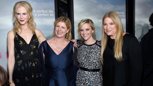 Author Liane Moriarty, second from left, with Nicole Kidman, Reese Witherspoon and producer Bruno Papandrea.
