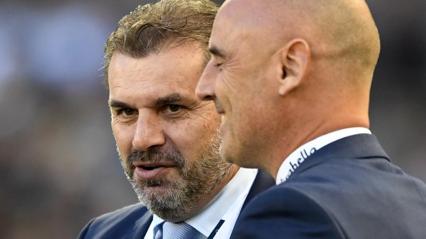 National team boss Ange Postecoglou with Victory coach Kevin Muscat.