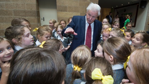 David Attenborough with Sydney schoolchildren at the Australian Museum, where he was made a Lifetime Patron