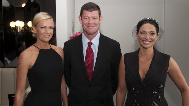 Aspen birthday bash: Sarah Murdoch, James Packer and his then wife Erica Packer in the Crown Marquee at Victoria Derby Day in 2012. 