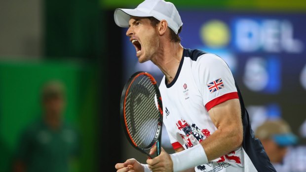 Andy Murray of Great Britain celebrates winning a point during the men's singles gold medal match against Juan Martin Del Potro of Argentina.