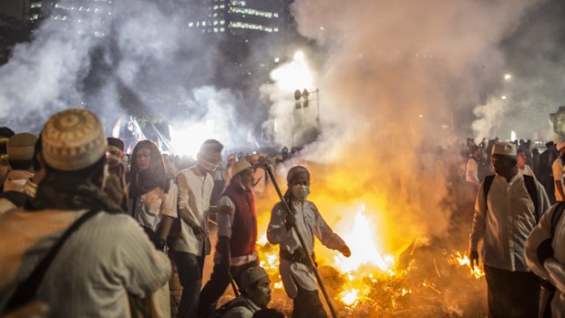 Muslim demonstrators march in Central Jakarta on November 4.