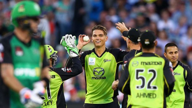 Green team: Chris Green celebrates after dismissing Kevin Pietersen during the BBL final.