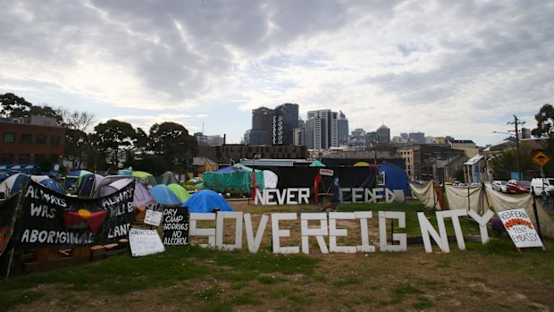 The Aboriginal tent embassy at the Block in Redfern. Protesters have occupied the disputed site since May last year. 