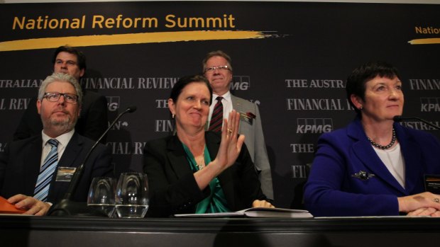 ACTU's Dave Oliver, ACOSS boss Cassandra Goldie, centre, and Business Council of Australia's Jennifer Westacott at the summit.