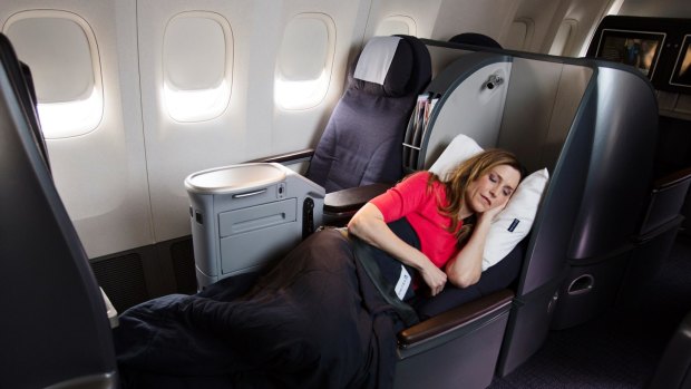 Polaris Business class cabin aboard United Airlines.