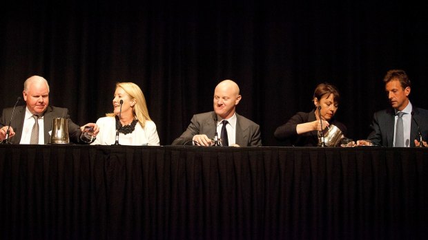 The Champions of Change: (from left) ANZ CEO Mike Smith, Sex Discrimination Commissioner Elizabeth Broderick, Commonwealth Bank of Australia CEO Ian Narev, Non Executive Director of the Reserve Bank of Australia Kathryn Fagg, Goldman Sachs Australia CEO Simon Rothery.