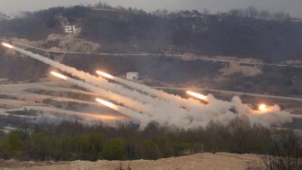 South Korean army's multiple launch rocket systems fire rockets during South Korea-US joint military live-fire drills in Pocheon, South Korea, near the border with North Korea last week.