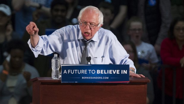 Senator Bernie Sanders, an independent from Vermont and 2016 Democratic presidential candidate, speaks at a campaign rally at Milton High School, Massachusetts, on Monday.